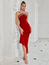 ADYCE Ladies' Rhinestone Strappy Irregular Hem Ruffle Trim Bodycon Party Dress With Shoulder Straps